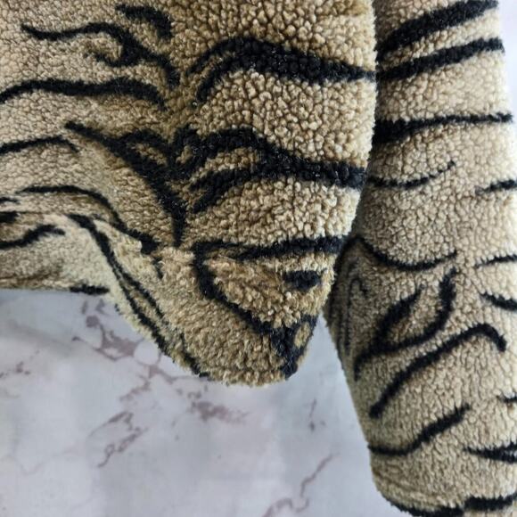 Vintage Y2K Jacket Womens Small Tan Zebra Sherpa Teddy Fuzzy Crop Coat Mob 90s - Picture 4 of 11